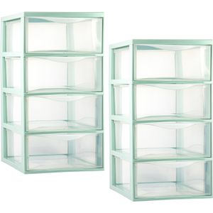 PlasticForte ladeblokje/bureau organizer - 2x - 4 lades - transparant/lichtgroen - L26 x B37 x H49