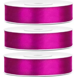 3x Hobby/decoratie fuchsia roze satijnen sierlinten 1,2 cm/12 mm x 25 meter - Cadeaulinten satijnlinten/ribbons - Fuchsia roze linten - Hobbymateriaal benodigdheden - Verpakkingsmaterialen