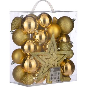 39x stuks kunststof kerstballen en kerstornamenten met ster piek goud mix - Kerstversiering/kerstboomversiering