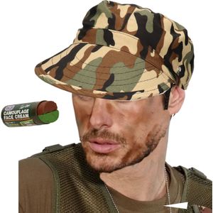 Carnaval verkleed set Army/Leger soldaten petje - met camouflage schmink stift - volwassenen - accessoires set