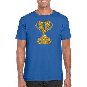 Gouden kampioens beker / nummer 1 t-shirt / kleding - blauw - voor heren - kampioens shirts / winnaars / outfit