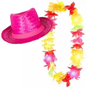 Tropische Hawaii party verkleedset - roze strohoedje - en LED lichtjes bloemenkrans - voor volwassenen
