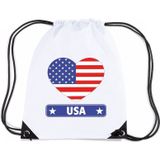 Amerika USA nylon rijgkoord rugzak/ sporttas wit met Amerikaanse vlag in hart