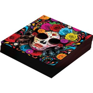 Fiestas Guirca Day of the Dead servetten - 24x - gekleurd - papier - 33cm - Halloween tafeldecoratie