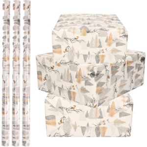 5x Rollen Kerst inpakpapier/cadeaupapier zilver/goud met bomen/vogels 2,5 x 0,7 cm - Luxe papier kwaliteit kerstpapier - Kerstmis