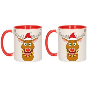 Set van 2x stuks kerst mokken / bekers rendier Rudolph - 300 ml - keramiek - koffiebekers