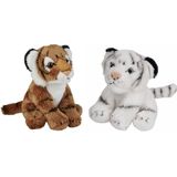 Ravensden - Safari dieren knuffels - 2x stuks - Witte en Bruine Tijgers - 15 cm