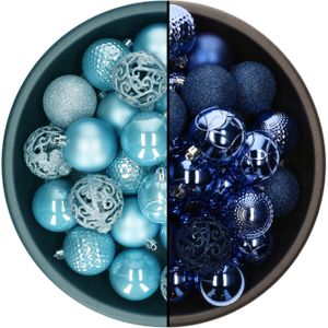 Decoris kerstballen - 74x st - kobalt blauw en ijsblauw - 6 cm - kunststof