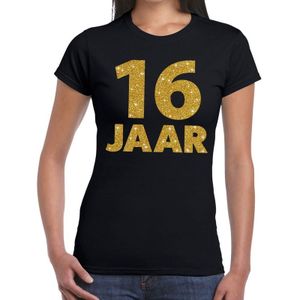 16 jaar goud glitter tekst t-shirt zwart dames - dames shirt 16 jaar - verjaardag kleding