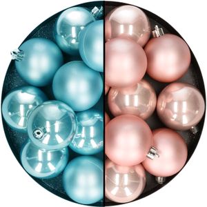 Decoris - kerstballen -24x st - mix lichtroze/ijsblauw - 6 cm - kunststof - kerstversiering