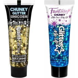 Paintglow Chunky Glittergel voor lichaam en gezicht - 2 tubes - goud en diepblauw - 12 ml