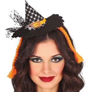 Halloween heksenhoed - mini hoedje op diadeem met sluier - one size - zwart/oranje - meisjes/dames