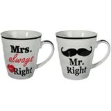 Mr Right en Mrs Always Right cadeau beker set voor hem en haar - Huwelijk/Bruiloft/Valentijnsdag- cadeautje