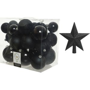 Kerstversiering kunststof kerstballen zwart 6-8-10 cm pakket van 27x stuks - Met ster piek van 19 cm