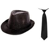 Folat - Verkleedkleding set - Glitter hoed/stropdas zwart volwassenen