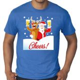 Grote maten fout Kerst t-shirt - dronken kerstman en Rudolf het rendier - blauw voor heren -  plus size kerstkleding / kerst outfit