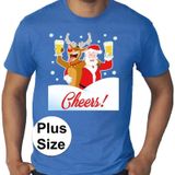 Grote maten fout Kerst t-shirt - dronken kerstman en Rudolf het rendier - blauw voor heren -  plus size kerstkleding / kerst outfit