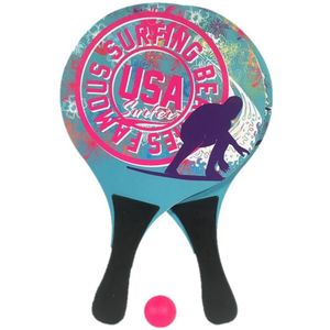 Houten beachball set met USA surfing print - Strand balletjes - Rackets/batjes en bal - Tennis ballenspel