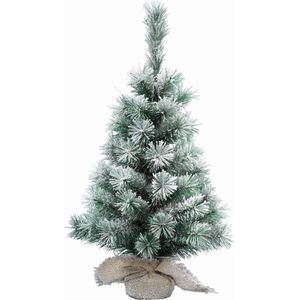 Mini kerstboom - met sneeuw - H35 cm - D24 cm - met jute zak - kleine kerstboompjes