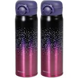 2x stuks thermosfles / isoleerkan 500 ml roze/zwart - RVS - thermosflessen / isoleerflessen