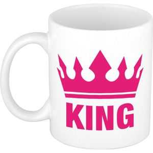1x Cadeau King beker / mok - wit met fuchsia roze bedrukking - 300 ml keramiek - witte bekers