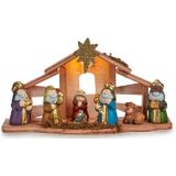 Krist+ kerststal - met beeldjes en verlichting - L30 x B9 x H16 cm