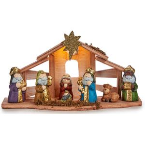 Krist+ kerststal - met beeldjes en verlichting - L30 x B9 x H16 cm