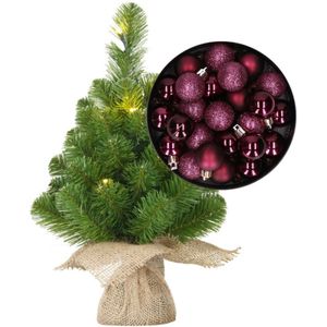 Mini kerstboom/kunstboom met verlichting 45 cm en inclusief kerstballen aubergine paars - Kerstversiering