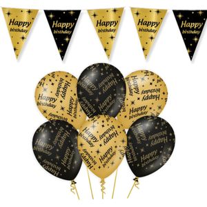 Leeftijd verjaardag feestartikelen pakket vlaggetjes/ballonnen Happy Birthday thema zwart/goud - 12x ballonnen/2x vlaggenlijnen