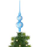 Luxe blauwe piek met glitter ijsbloemen 30 cm kerstpieken - Kerstboompieken/kerstpieken - Glazen pieken deluxe