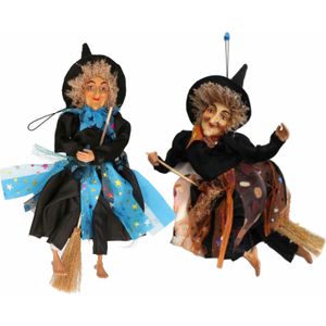 Set van 2x Halloween decoratie heksen pop op bezem - 30 cm - blauw/bruin