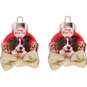 2x stuks kerst vlinderstrikje goud 6 x 13 cm - - voor middelgrote honden - Kerst accessoires voor huisdieren