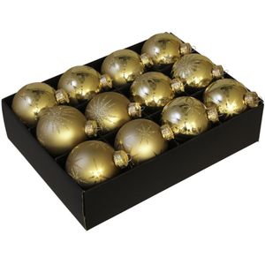 12x Luxe glazen gouden sneeuwvlokken/sterren kerstballen 7,5 cm - Gedecoreerde kerstballen