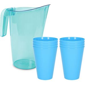 8x kunststof drinkbekers 430 ML met schenkkan set blauw van 1.75 liter - Indoor/outdoor