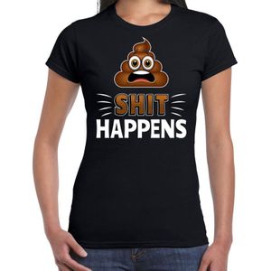 Funny emoticon t-shirt shit happens zwart voor dames - Fun / cadeau shirt