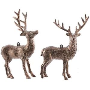 4x Kersthangers figuurtjes hertje met glitters koperbruin 14 cm - Herten dieren thema kerstboomhangers