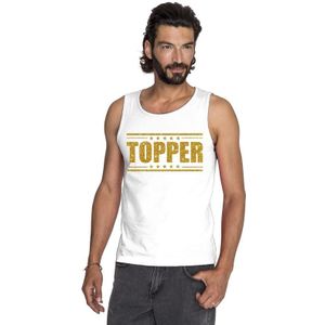 Wit Topper mouwloos shirt/ tanktop in gouden glitter letters heren - Toppers dresscode kleding