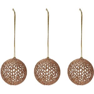 6x Gouden glitter draad/rotan look kerstballen kunststof 9 cm - Kerstboomversiering goud