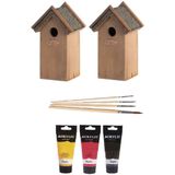 2x stuks houten vogelhuisjes/nestkastjes 22 cm - in het zwart/geel/rood - Dhz schilderen pakket + 3x tubes verf en kwasten