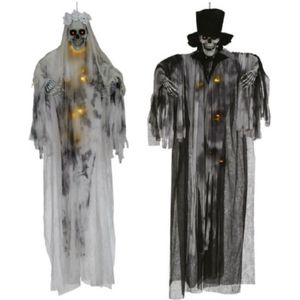 Horror/halloween decoratie spook bruid en bruidegom poppen set - met verlichting - hangend - 180 cm
