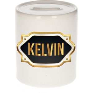 Kelvin naam cadeau spaarpot met gouden embleem - kado verjaardag/ vaderdag/ pensioen/ geslaagd/ bedankt