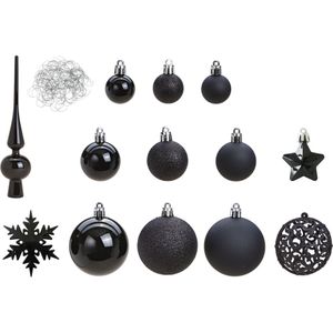 Kerstballen - 110x stuks - met piek - zwart - kunststof - 3-6 cm