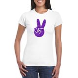 Wit Flower Power t-shirt paarse glitter peace hand dames - Sixties/jaren 60 kleding