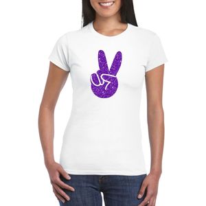 Toppers Wit Flower Power t-shirt paarse glitter peace hand dames - Sixties/jaren 60 kleding