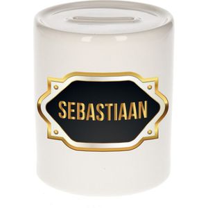 Sebastiaan naam cadeau spaarpot met gouden embleem - kado verjaardag/ vaderdag/ pensioen/ geslaagd/ bedankt