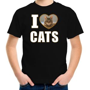 I love cats t-shirt met dieren foto van een bruine kat zwart voor kinderen - cadeau shirt katten liefhebber - kinderkleding / kleding