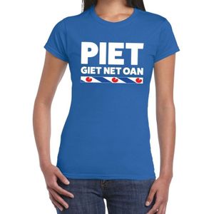 Blauw t-shirt met Friese uitspraak Piet Giet Net Oan dames - Friese weerman tekst shirt