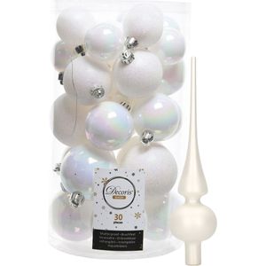 Decoris kerstballen 30x stuks - parelmoer wit 4/5/6 cm kunststof mat/glans/glitter mix en mat glazen piek 26 cm