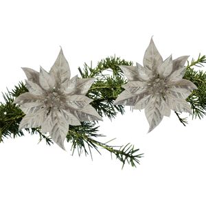 Kerstboom bloemen op clip - 2x stuks - champagne - kunststof - 18 cm