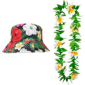 Carnaval verkleed set - Tropische Hawaii party - bucket hoed met bloemenslinger groen/wit - volwassenen